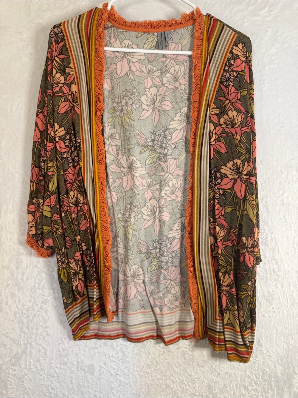 Blank London Floral & Stripe Open Front Kimono Cardigan in Coral and Olive